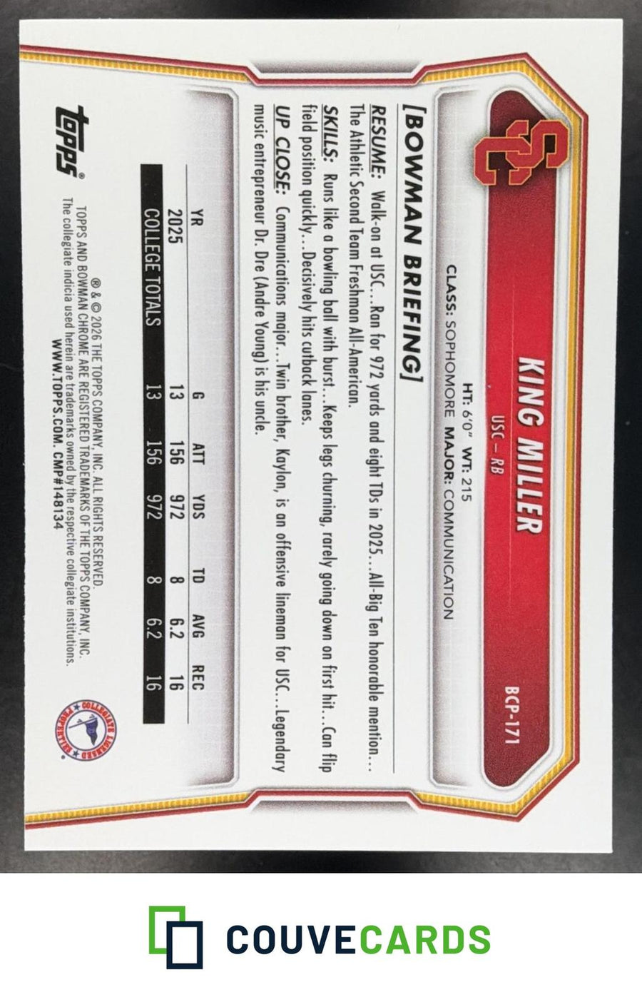 2026 Bowman #BCP-171 King Miller Chrome Prospects Blue Refractor #/150
