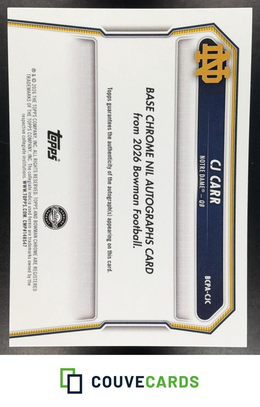 2026 BOWMAN CHROME U - Cj Carr GOLD ON CARD AUTO 05/50‼️