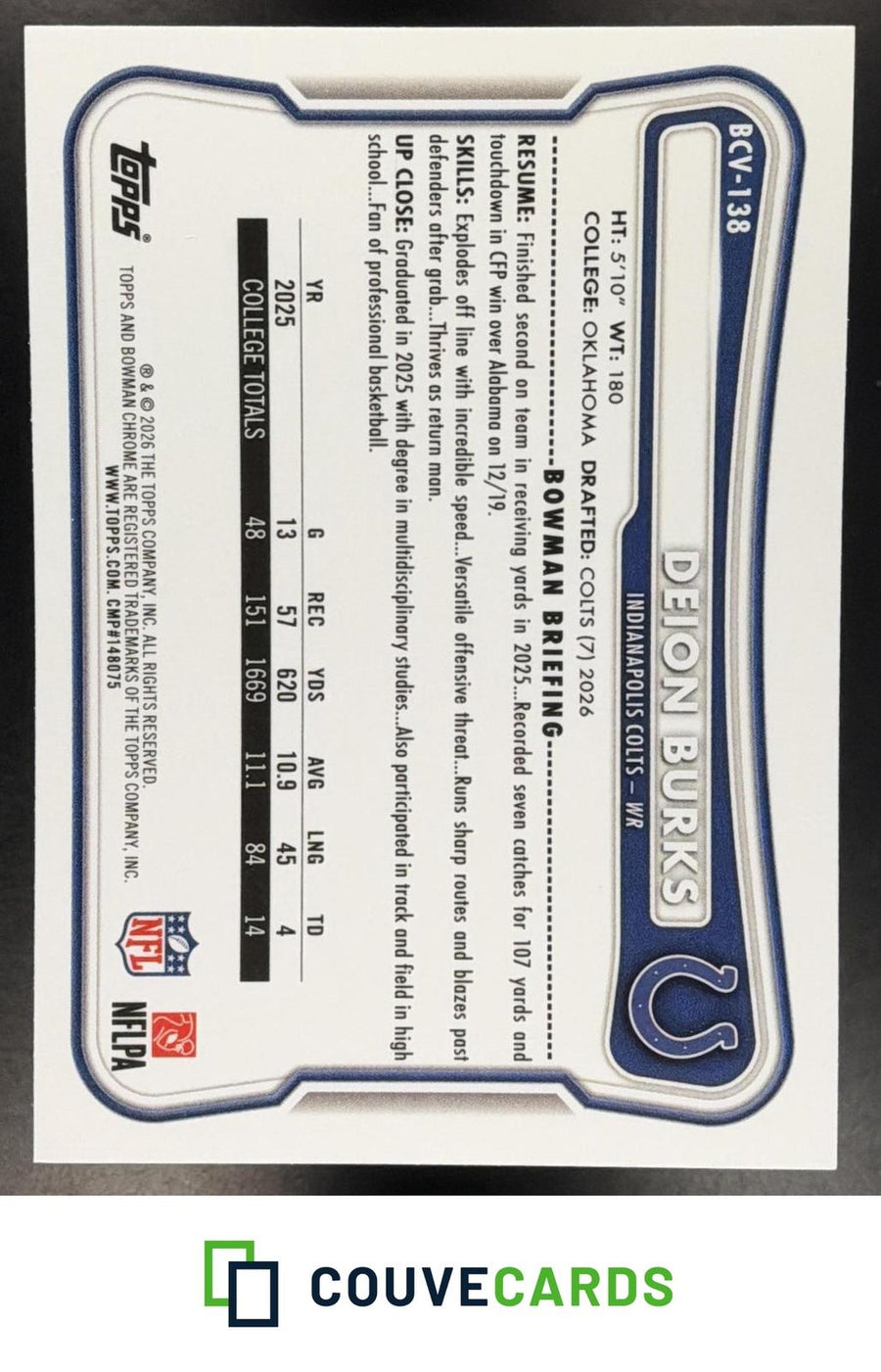 Deion Burks 2026 Bowman #BCV-138 Chrome Speckle