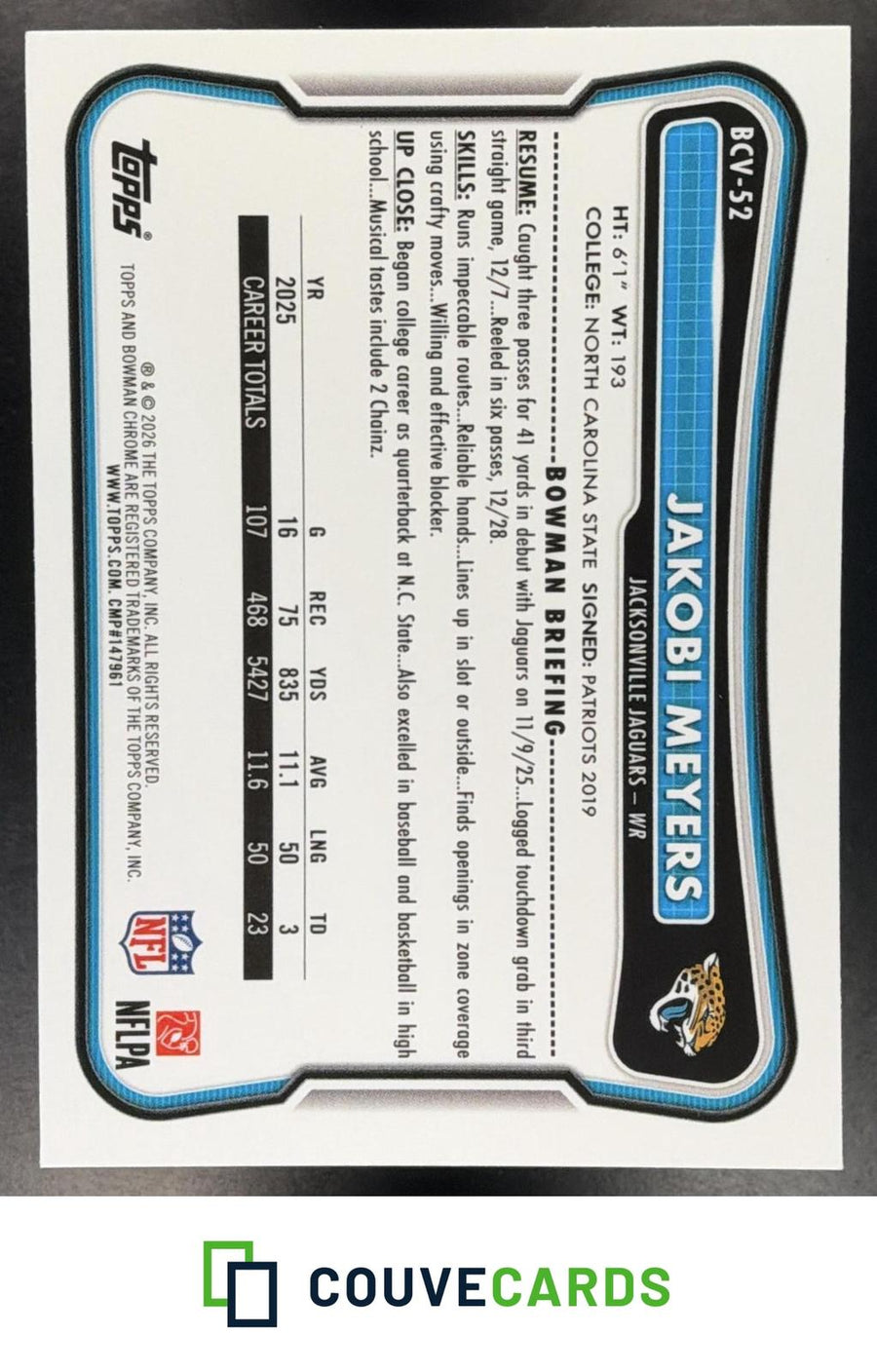 Jakobi Meyers 2026 Bowman #BCV-52 Chrome Speckle