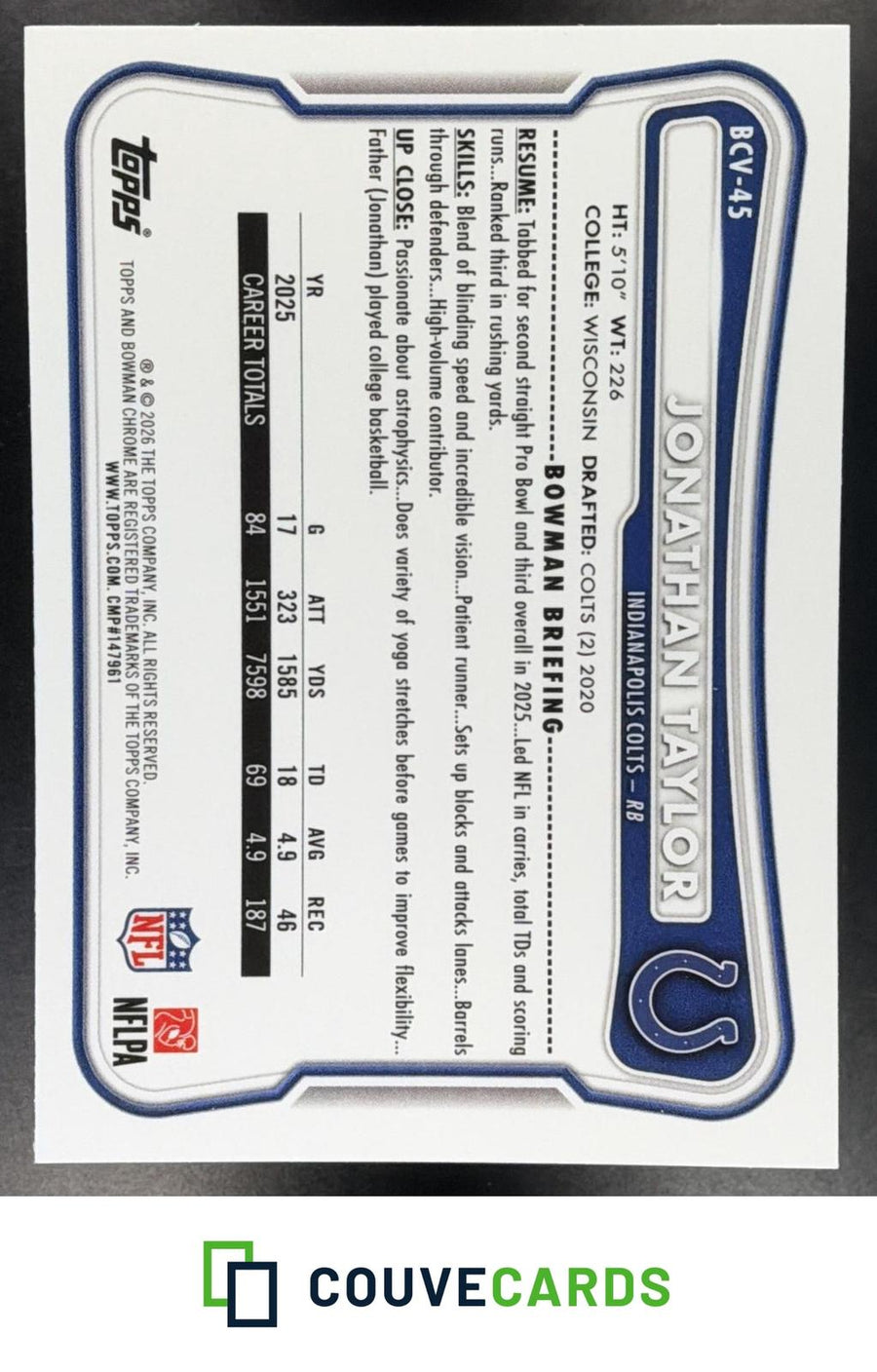 Jonathan Taylor 2026 Bowman #BCV-45 Chrome Speckle