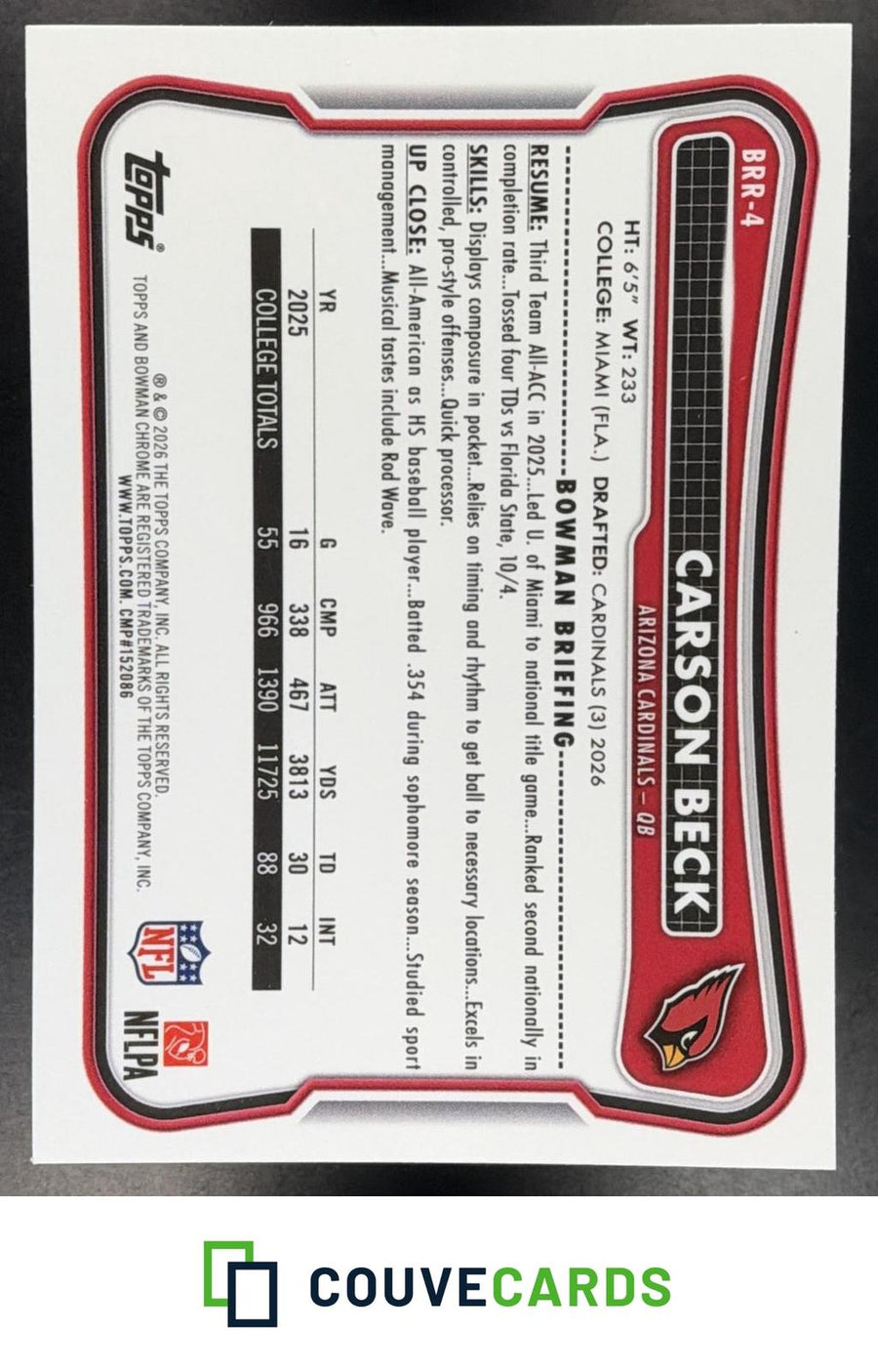 Carson Beck 2026 Bowman #BRR-4 Chrome Rookie Red RC Logo
