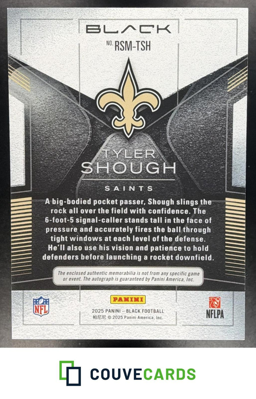 Tyler Shough 2025 Panini Black #RSM-TSH Rookie Materials Citrine AU #/50