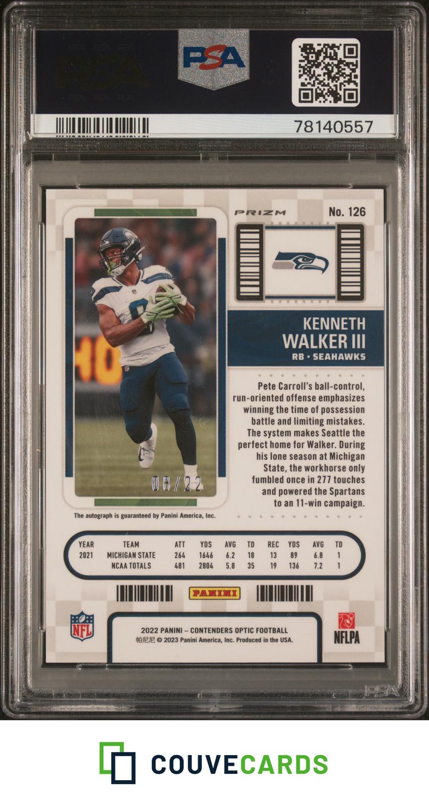 2022 Contenders Optic Kenneth Walker III #126 Cracked Ice Auto PSA 10 Pop 4 /22