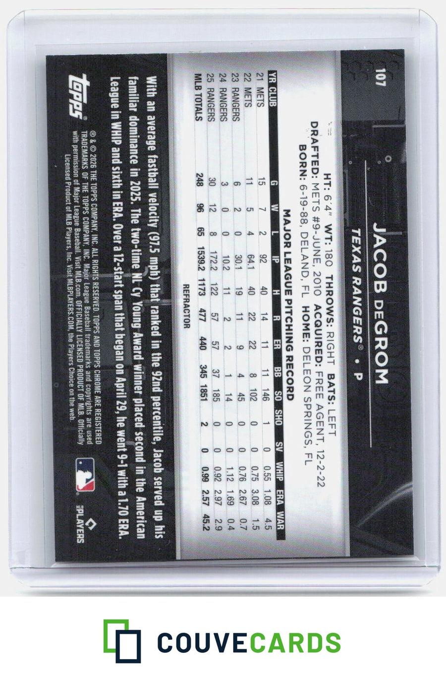 Jacob deGrom 2026 Topps Chrome Black #107 Refractor #/199