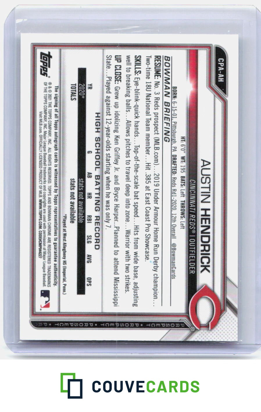 Austin Hendrick 2021 Bowman #CPA-AH Chrome Prospect Speckle Refractor AU /299