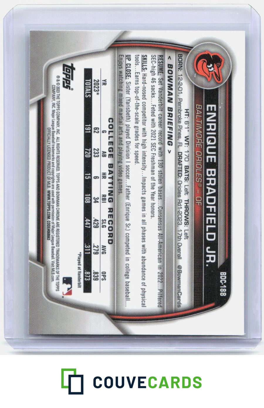 Enrique Bradfield Jr. 2023 Bowman Draft #BDC-188 Chrome