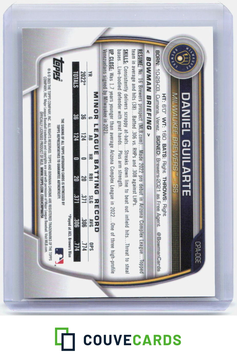 Daniel Guilarte 2023 Bowman Chrome #CPA-DGE Prospect Speckle Refractor AU #/299