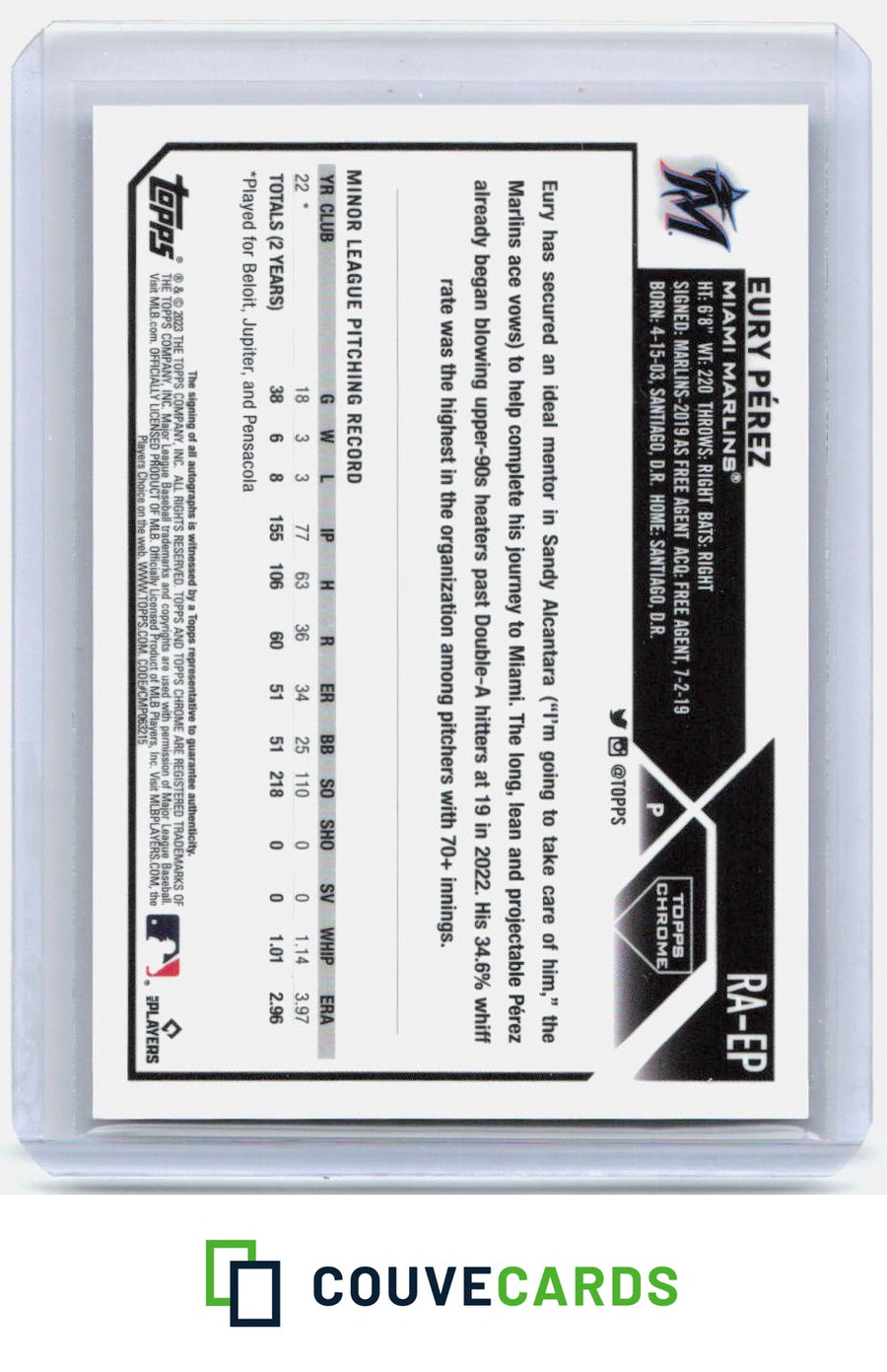 Eury Pérez 2023 Topps Chrome Update #RA-EP Autographs Blue AU #/150