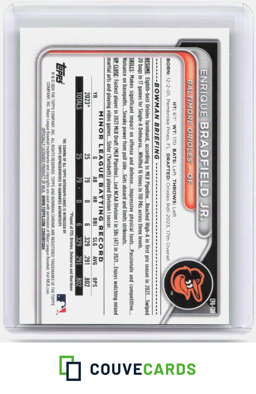 Enrique Bradfield Jr. 2024 Bowman #CPA-EBR Chrome Green Shimmer Refractor AU /99