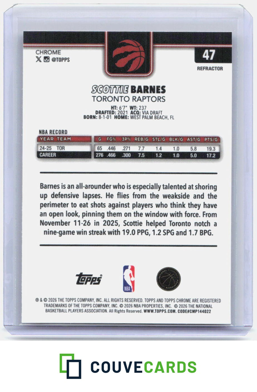 Scottie Barnes 2025-26 Topps Chrome Update #47
