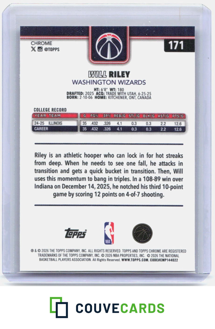 Will Riley 2025-26 Topps Chrome Update #171 RC