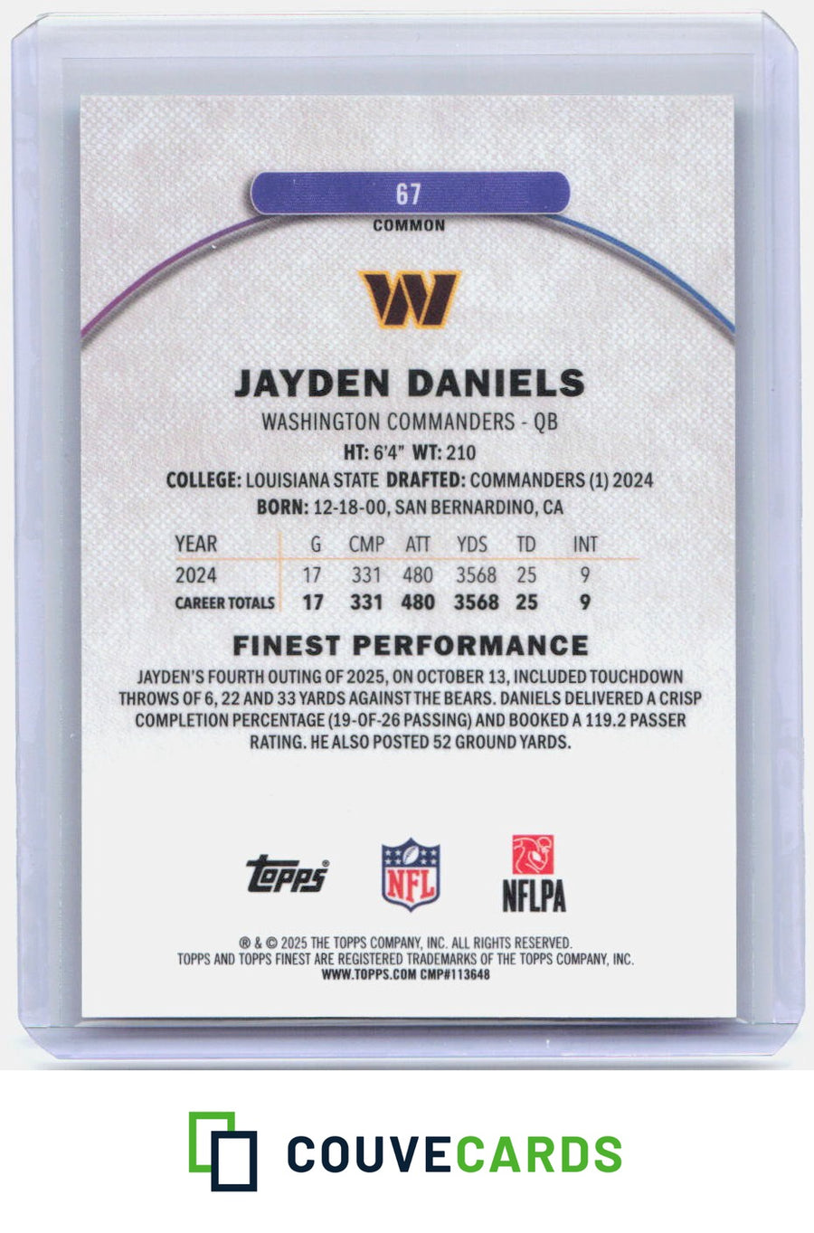 Jayden Daniels 2025 Finest #67 Sky Blue Refractor #/325