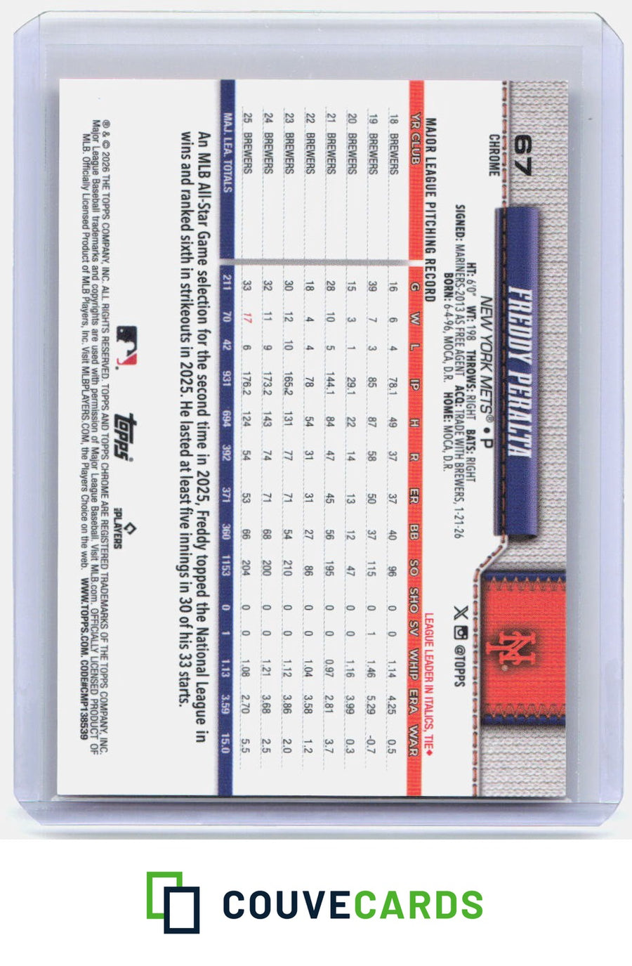 Freddy Peralta 2026 Topps Chrome Sapphire Edition #67 Orange #/25