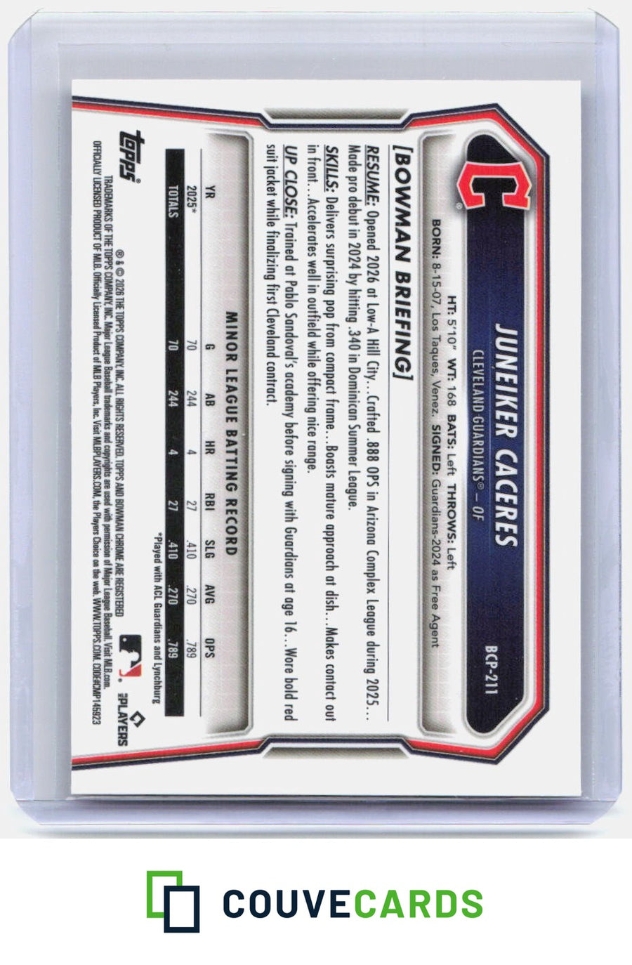 Juneiker Caceres 2026 Bowman Chrome #BCP-211 Prospects Fuchsia Refractor #/299