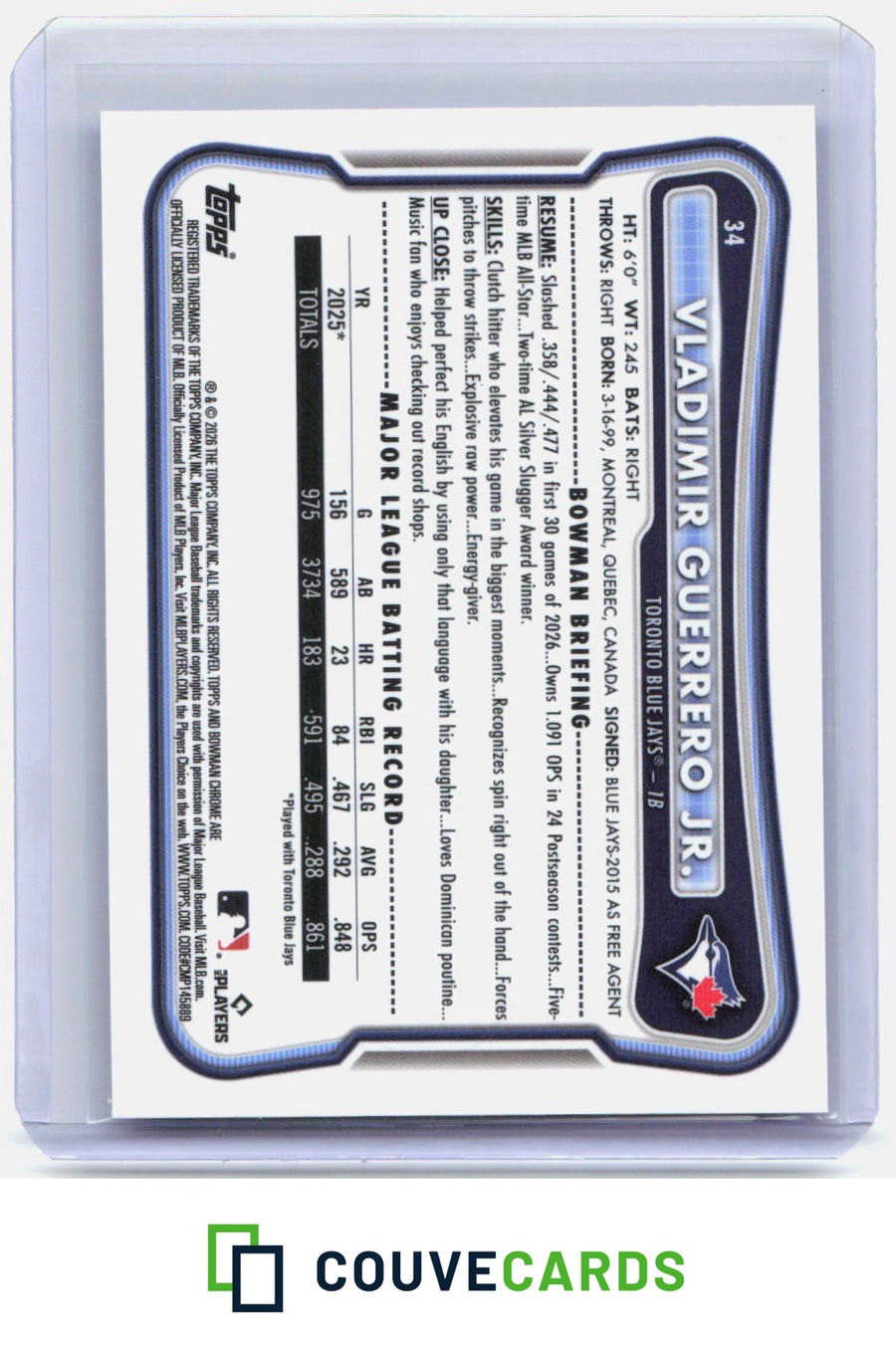 Vladimir Guerrero Jr. 2026 Bowman Chrome #34 Blue Wave Refractor #/150