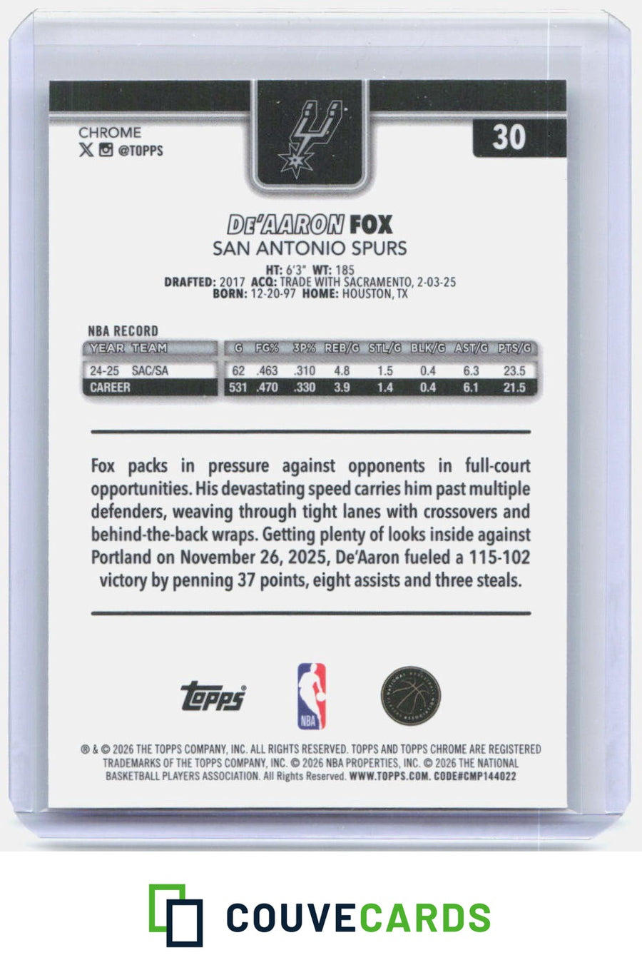 De’Aaron Fox 2025-26 Topps Chrome Update #30 Image Variation Speckle Refractor