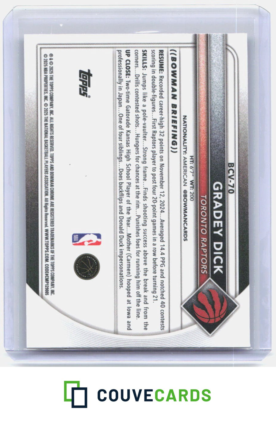 Gradey Dick 2025-26 Bowman #BCV-70 Chrome Purple Refractor #/250